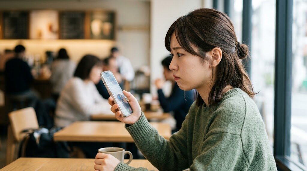 スマートフォンを見て困った表情をしている女性の横顔の写真風イラスト