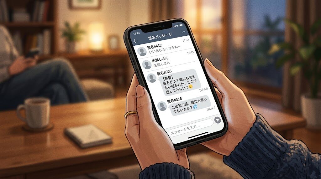 スマートフォンで匿名メッセージサービスを見ている手元の写真風イラスト