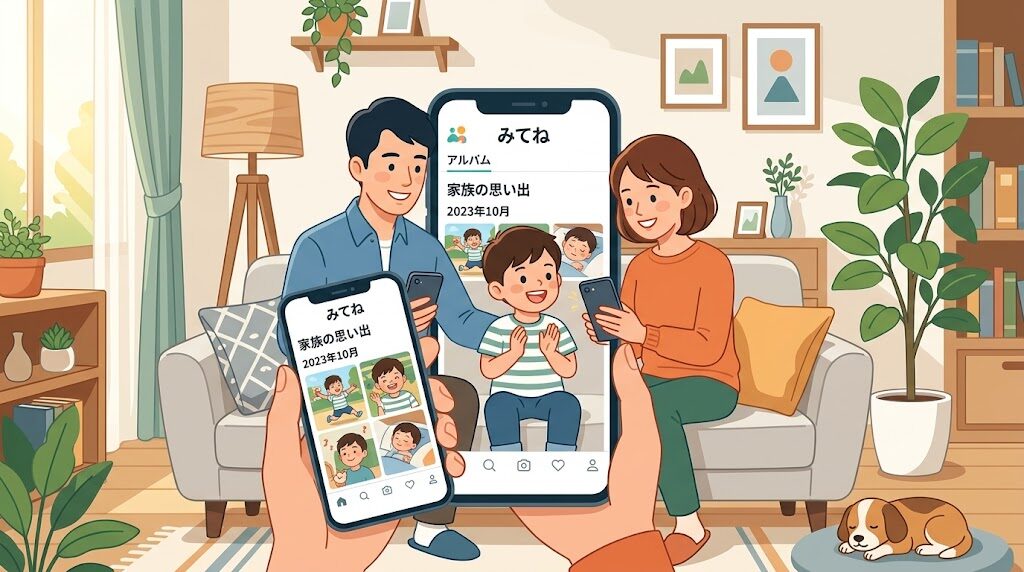 スマホでみてねアプリを使って家族と子どもの写真を共有している様子の写真風イラスト