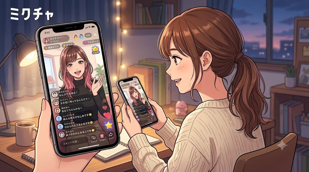 スマートフォンでミクチャアプリのライブ配信画面を確認している様子のイラスト