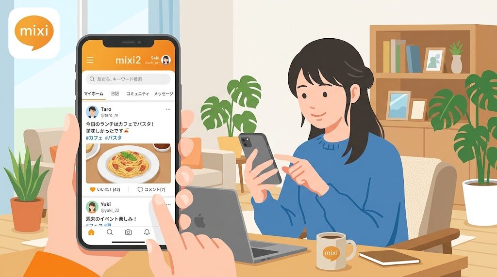 スマホでmixi2アプリを操作している様子の写真風イラスト
