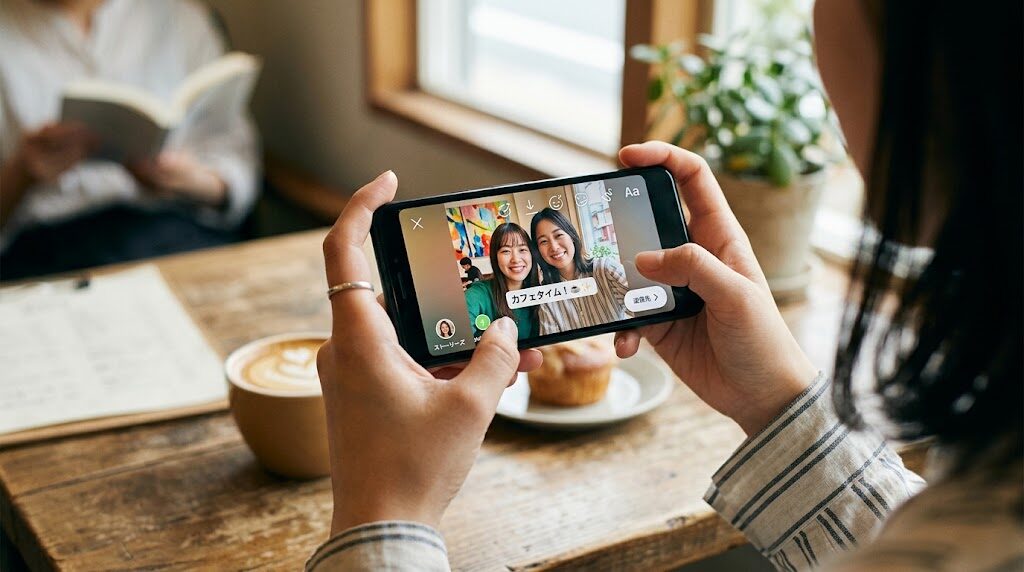 スマートフォンでInstagramのストーリーズを操作している手元の写真風イラスト