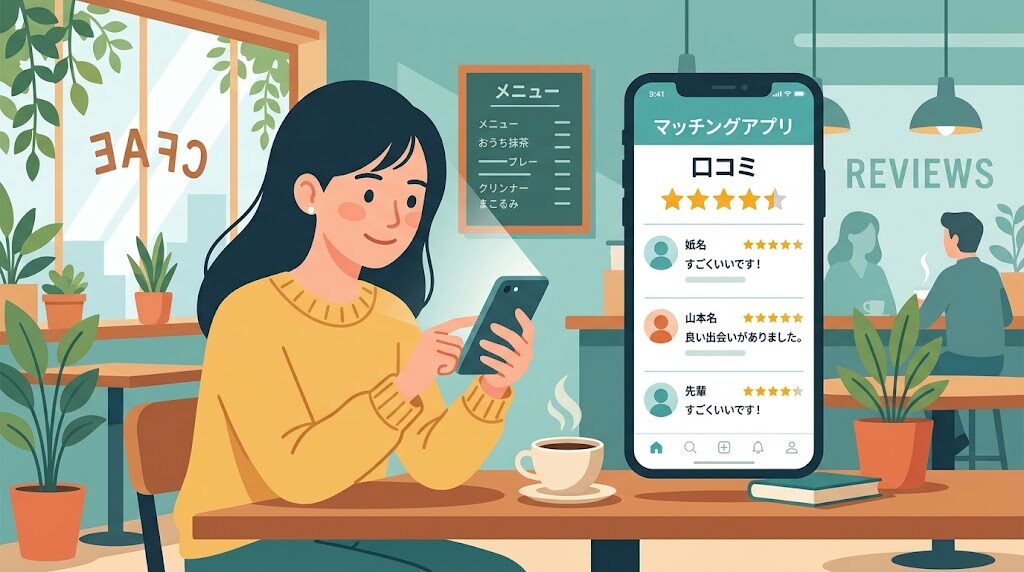 スマホでマッチングアプリの口コミを確認している様子のイラスト