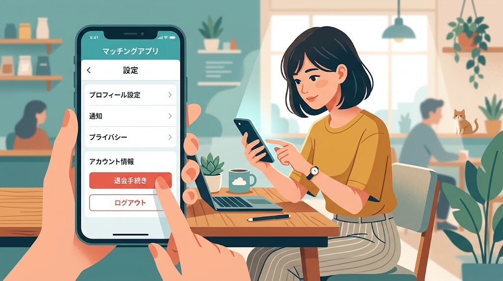 スマホでマッチングアプリの設定画面を操作している様子のイラスト