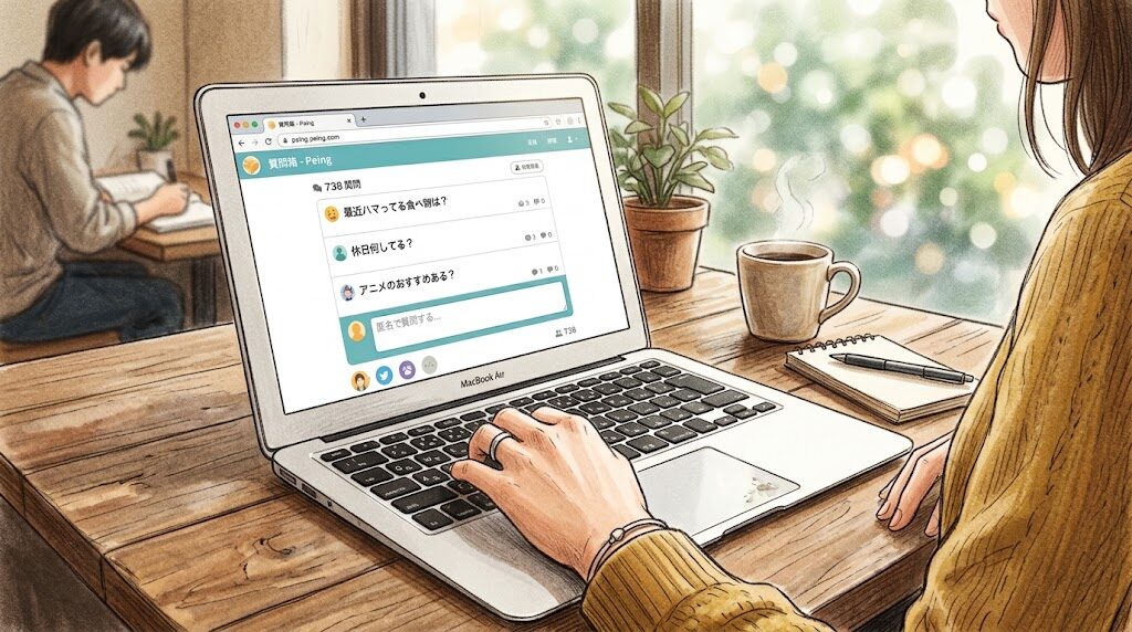 ノートパソコンで質問箱サービスを開いている手元の写真風イラスト