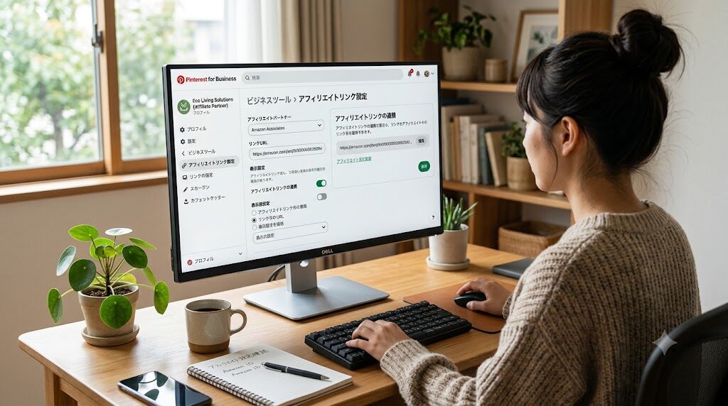 パソコンでPinterestのビジネスアカウント設定画面を確認している様子の写真風イラスト