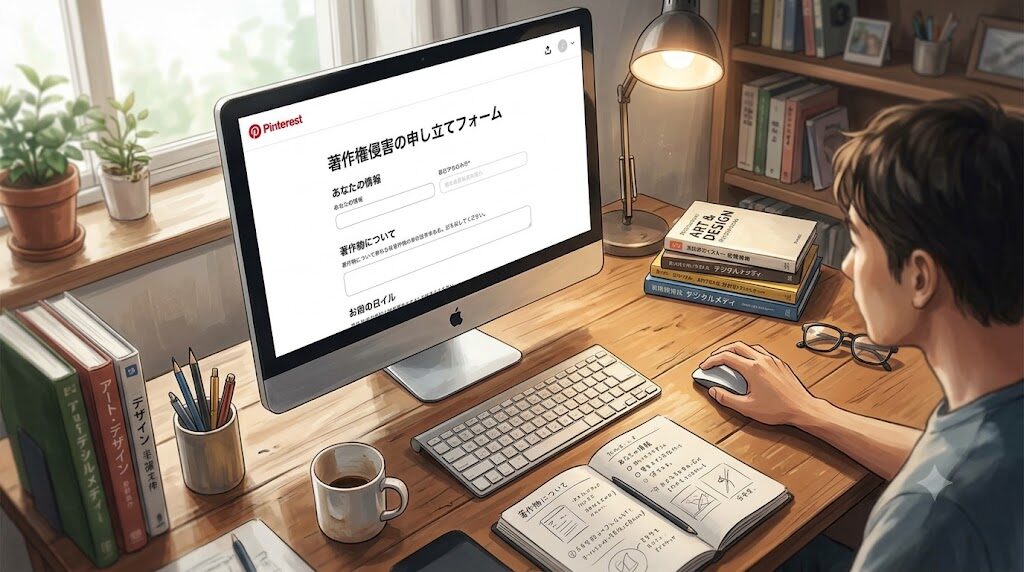 パソコンでPinterestの著作権関連の設定を確認している様子の写真風イラスト