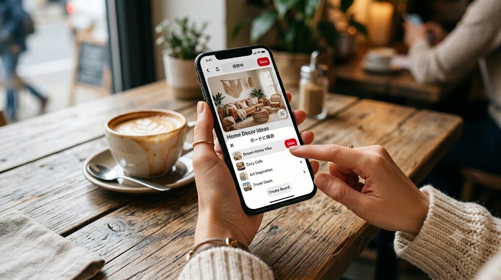 スマートフォンでPinterestのピンをボードに保存している様子の写真風イラスト