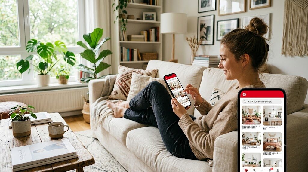 スマートフォンでPinterestアプリを開いて画像を検索している様子の写真風イラスト
