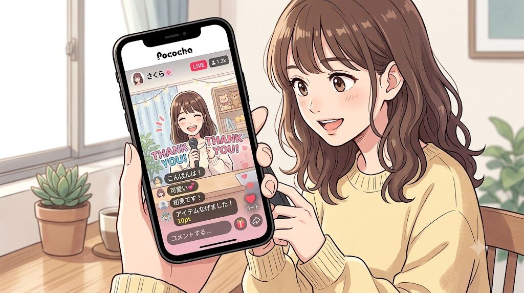 スマートフォンでPocochaアプリのライブ配信画面を確認している様子のイラスト