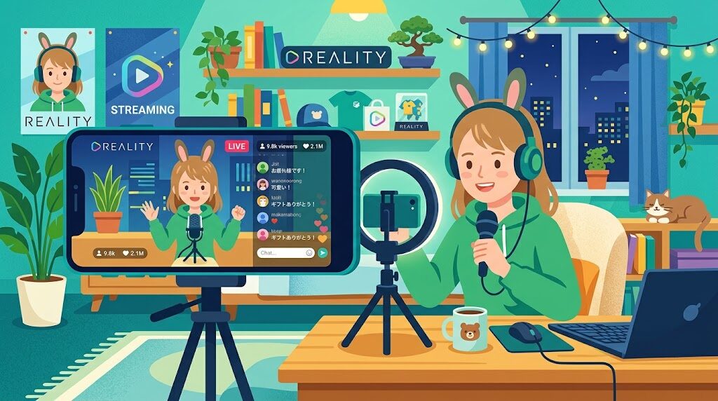 スマホでREALITYアプリを使ってアバターで配信している様子の写真風イラスト