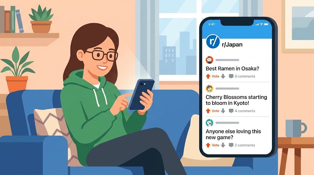 スマートフォンでRedditのコミュニティを閲覧している様子のイラスト