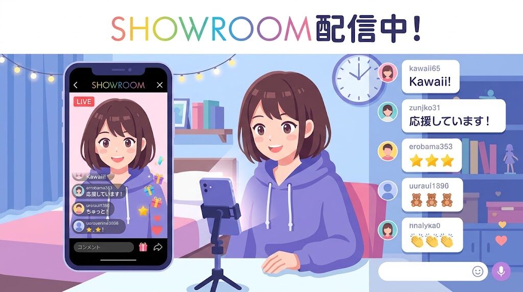 スマホでSHOWROOMアプリを使ってライブ配信をしている様子の写真風イラスト
