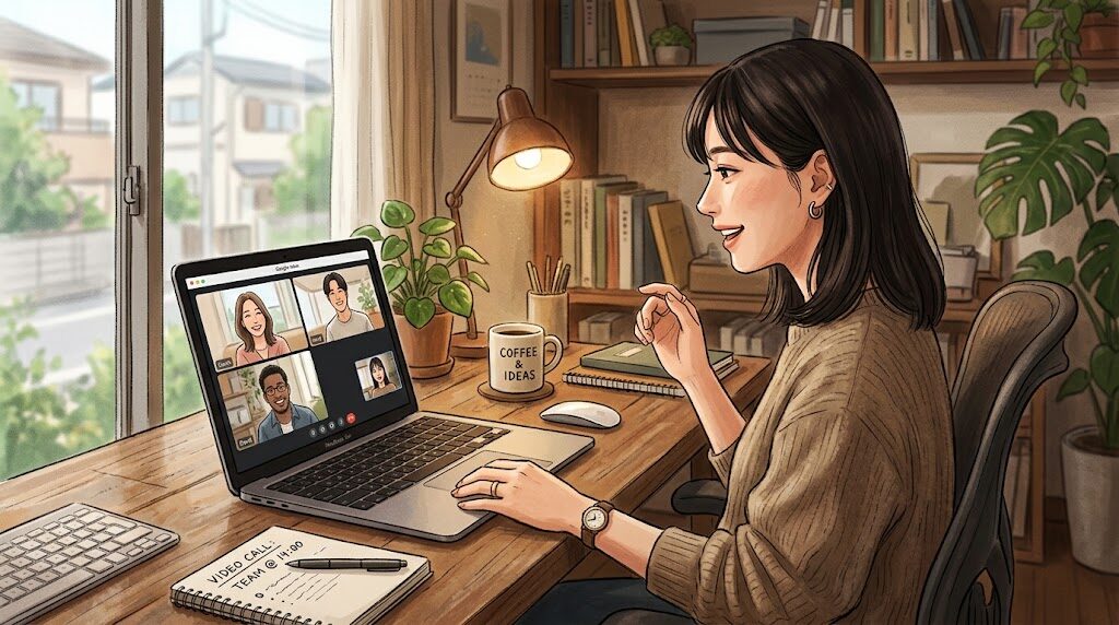 パソコンでビデオ通話をしている様子の写真風イラスト