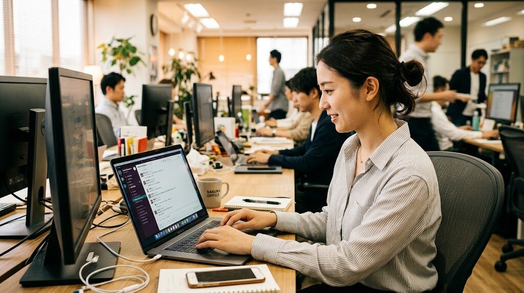オフィスでチャットツールを使っている様子の写真風イラスト