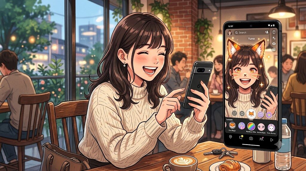 スマートフォンでSnapchatのフィルター機能を試している様子のイラスト