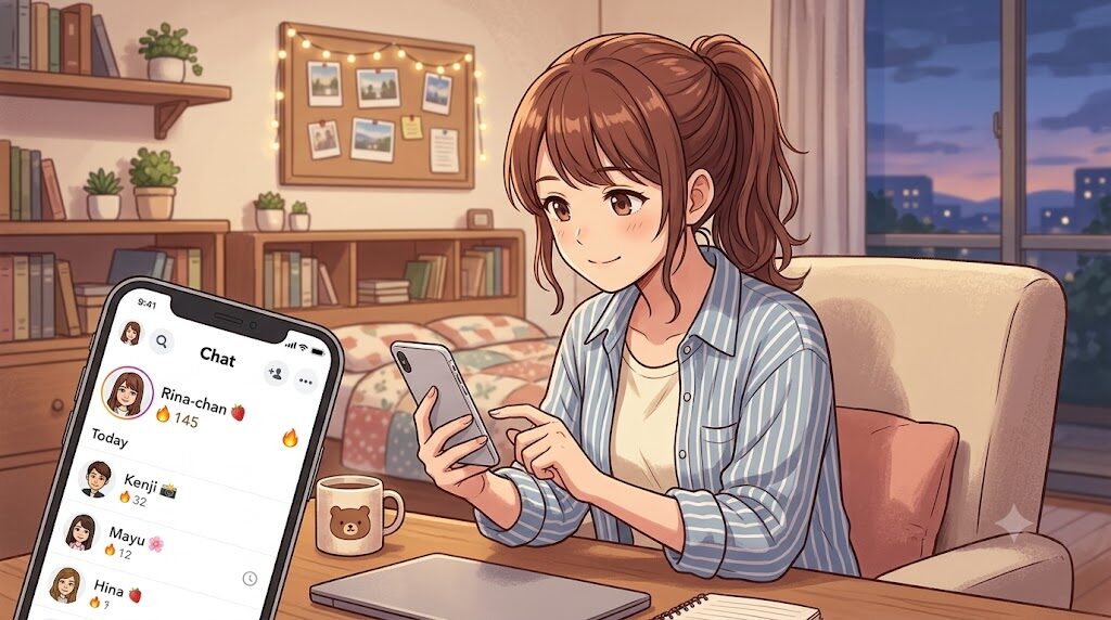 スマートフォンでSnapchatのストリーク表示を確認している様子のイラスト