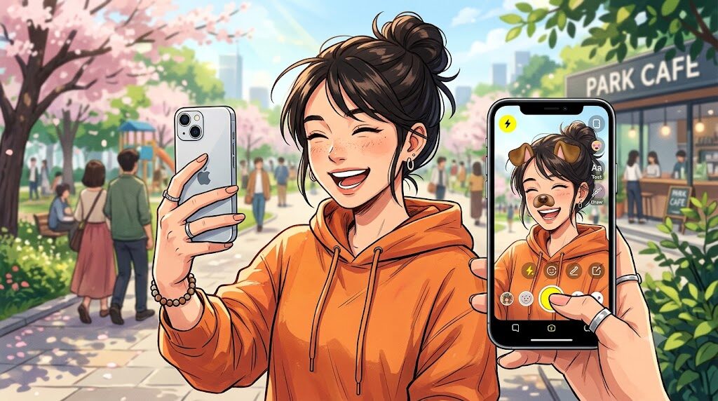 スマートフォンでSnapchatアプリを使ってスナップを撮影している様子のイラスト