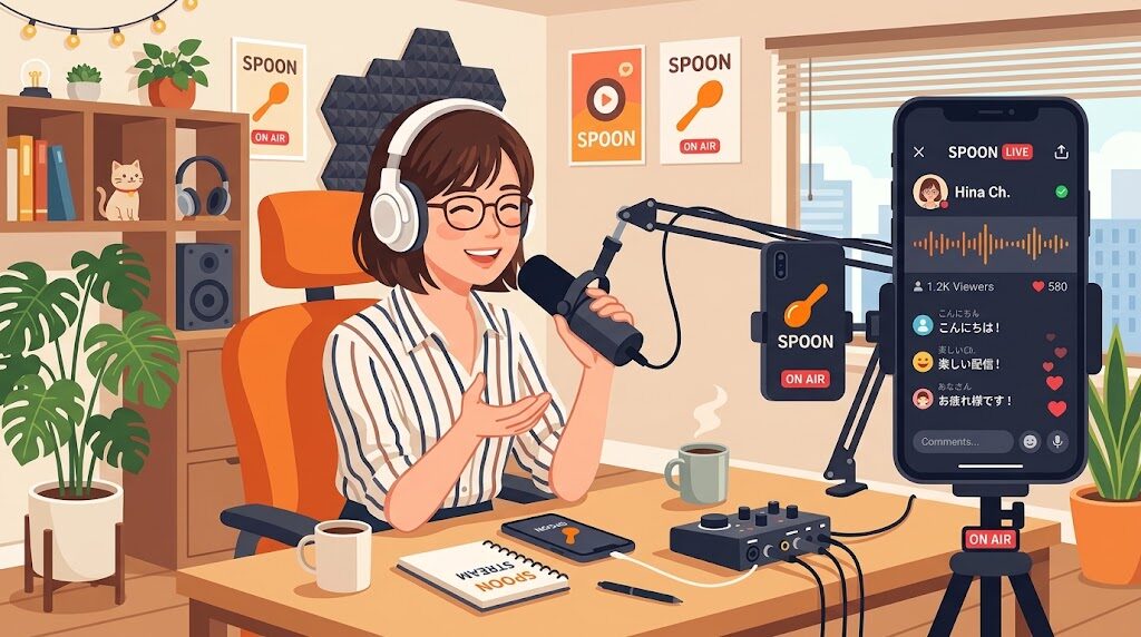 スマホでSpoonアプリを使って音声配信をしている様子の写真風イラスト
