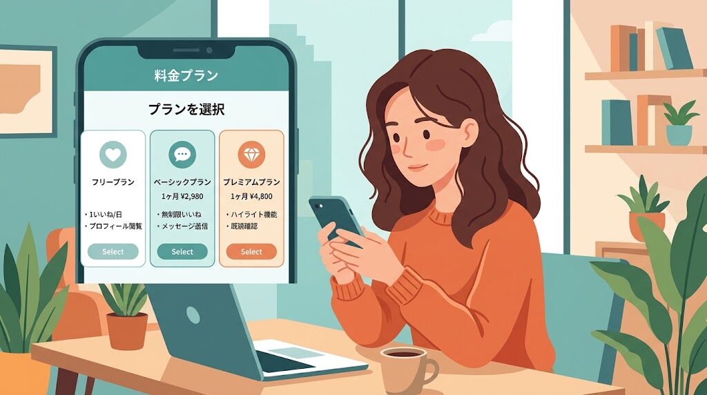 スマホでマッチングアプリの料金プランを確認している様子のイラスト
