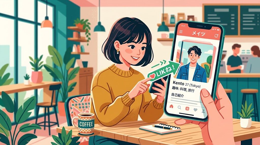 スマホでマッチングアプリを操作している様子のイラスト