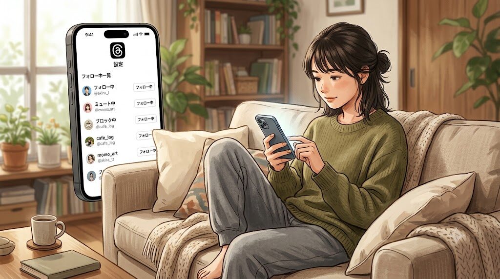 スマートフォンでThreadsのフォロー中一覧を整理している様子の写真風イラスト