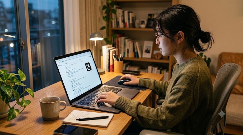 パソコンでThreadsのウェブ版を検索している様子の写真風イラスト