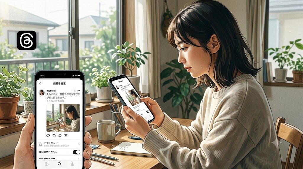 スマートフォンでThreadsの投稿を編集している様子の写真風イラスト