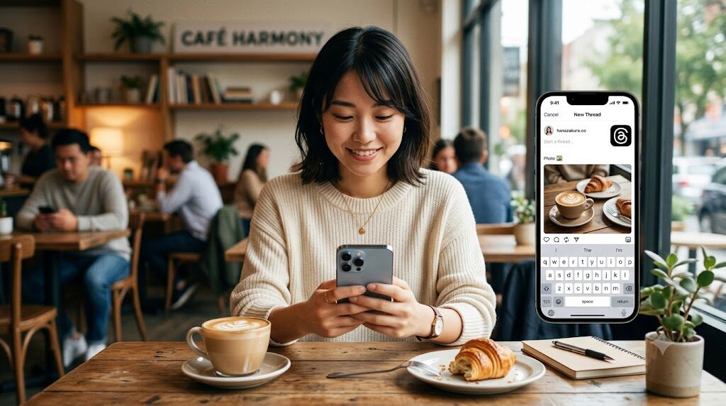 スマートフォンでThreadsアプリを開いている様子の写真風イラスト
