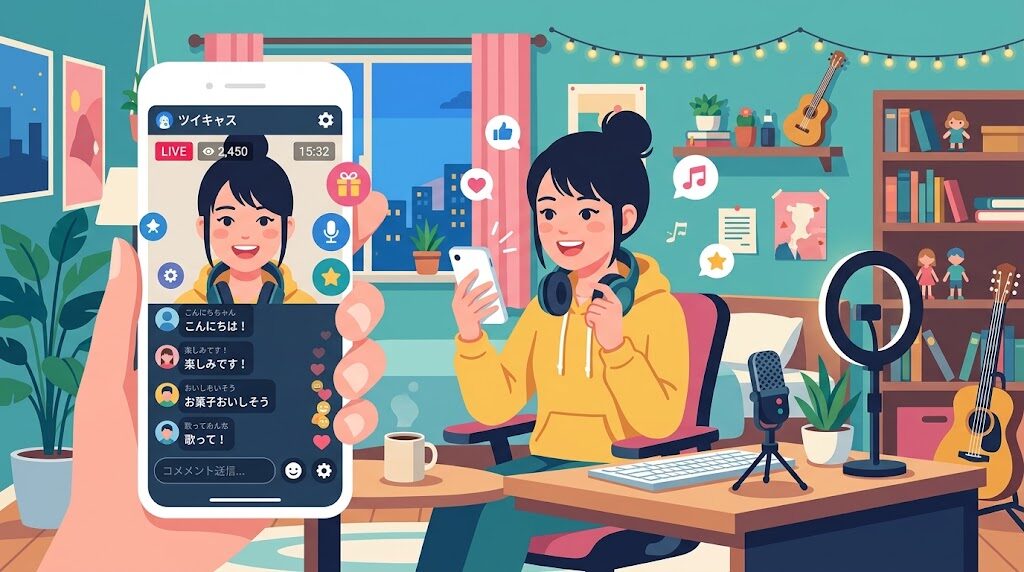 スマホでツイキャスアプリを使ってライブ配信をしている様子の写真風イラスト