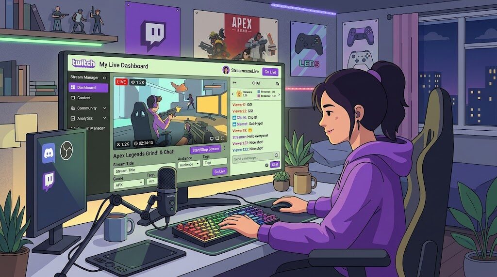 パソコンでTwitchの配信画面を操作している様子のイラスト