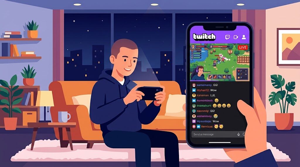 スマートフォンでTwitchの配信を視聴している様子のイラスト