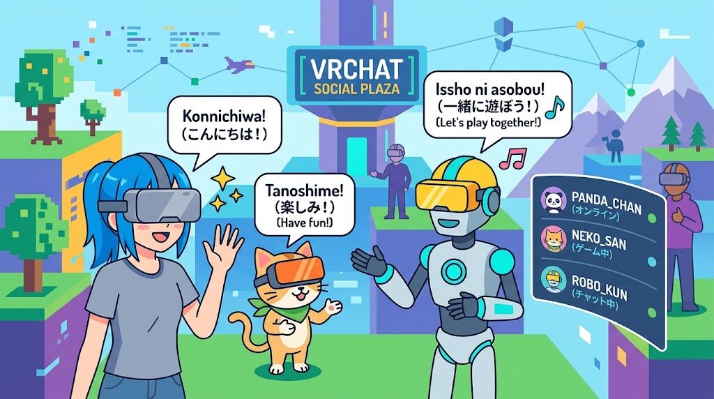 VRゴーグルを装着してVRChatのアバターで交流している様子の写真風イラスト