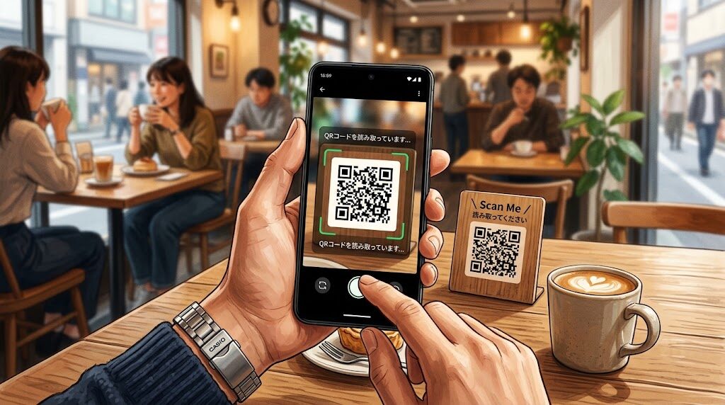スマートフォンでQRコードを読み取っている手元の写真風イラスト