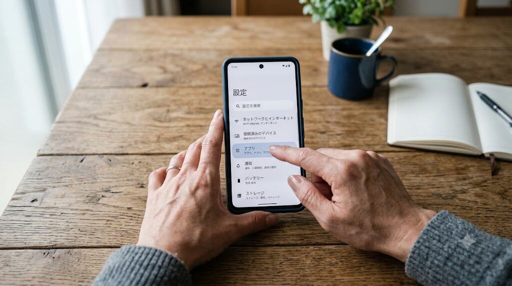 スマートフォンのアプリ設定画面を操作している手元を正面から見た構図の写真風イラスト