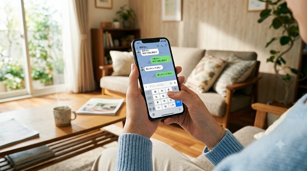 スマートフォンでメッセージアプリを操作している手元を斜め上から見た構図の写真風イラスト
