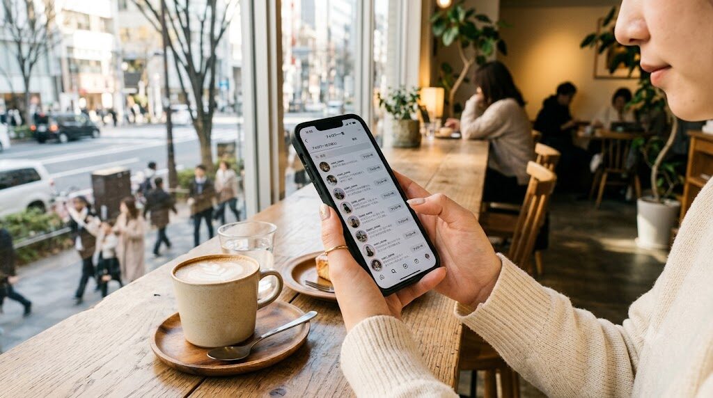 スマートフォンでフォロワー一覧を確認している手元を斜め上から見た構図の写真風イラスト