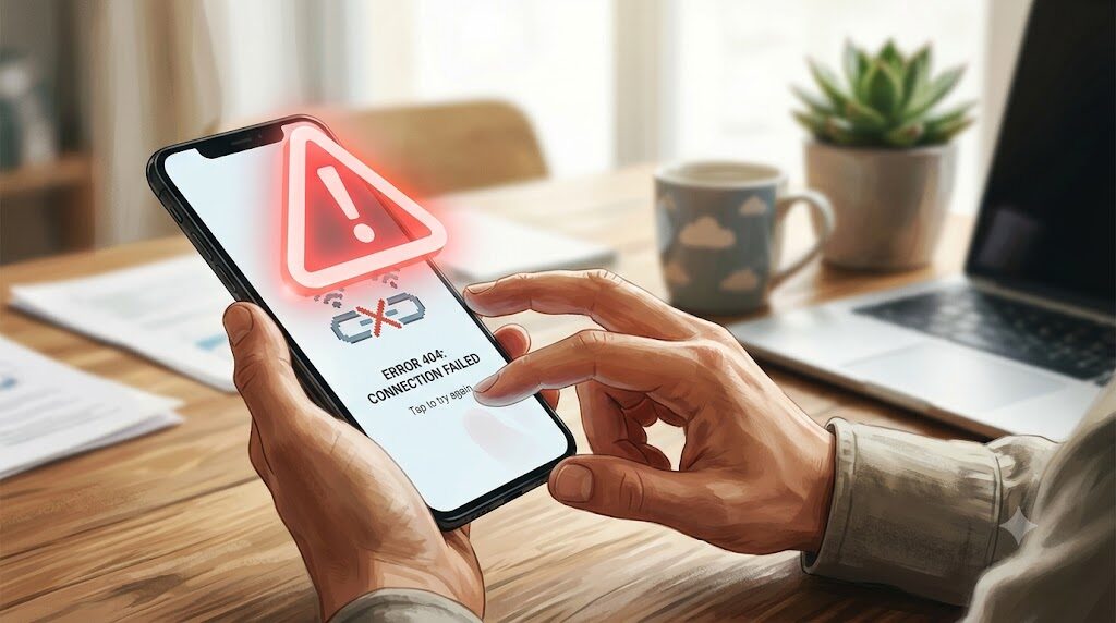 スマートフォン画面に読み込みエラーが表示されている様子を正面から見た構図の写真風イラスト