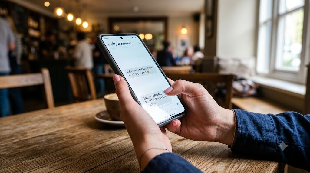 スマートフォンでAIチャット画面を操作している手元を正面から見た構図の写真風イラスト
