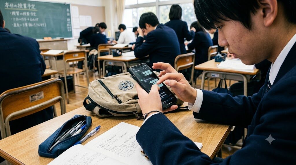 スマートフォンを操作する学生の手元を正面から見た構図の写真風イラスト