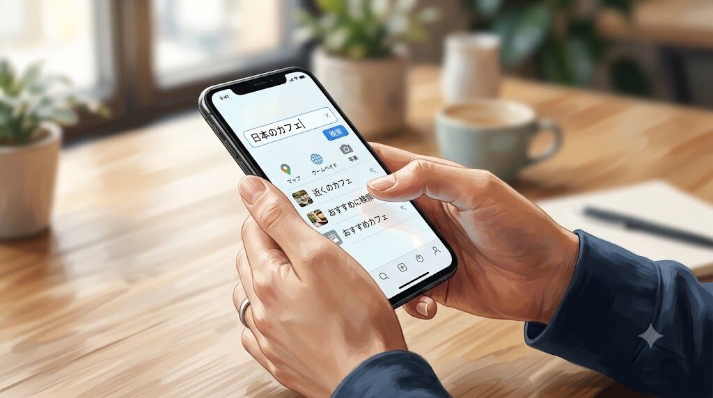 スマートフォンで検索機能を操作している手元を正面から見た構図の写真風イラスト