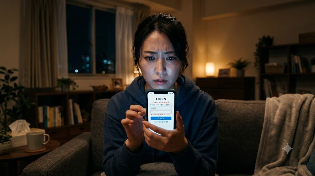 スマートフォンでログイン画面を操作して困っている様子を正面から見た構図の写真風イラスト