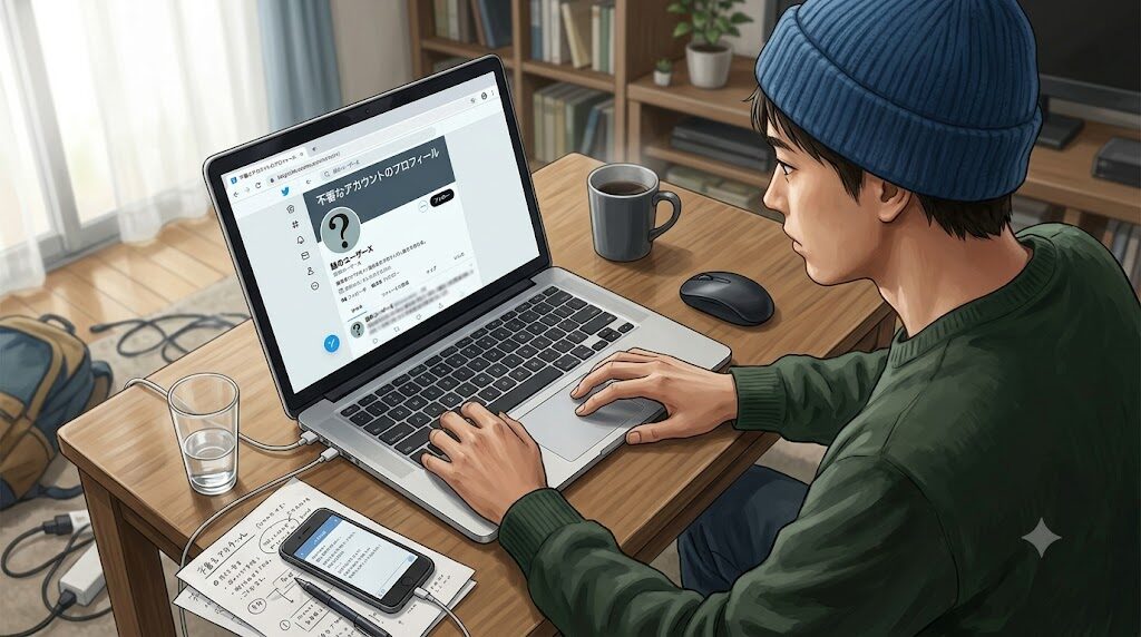 パソコンで不審なアカウントのプロフィールを確認している様子を斜め上から見た構図の写真風イラスト