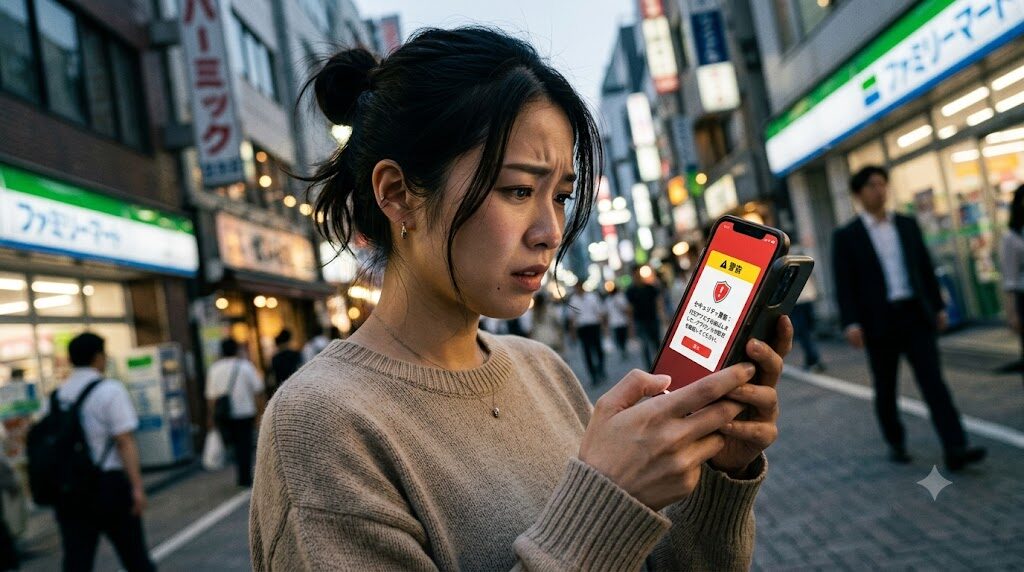 スマートフォンでセキュリティ警告を確認して困っている様子を正面から見た構図の写真風イラスト