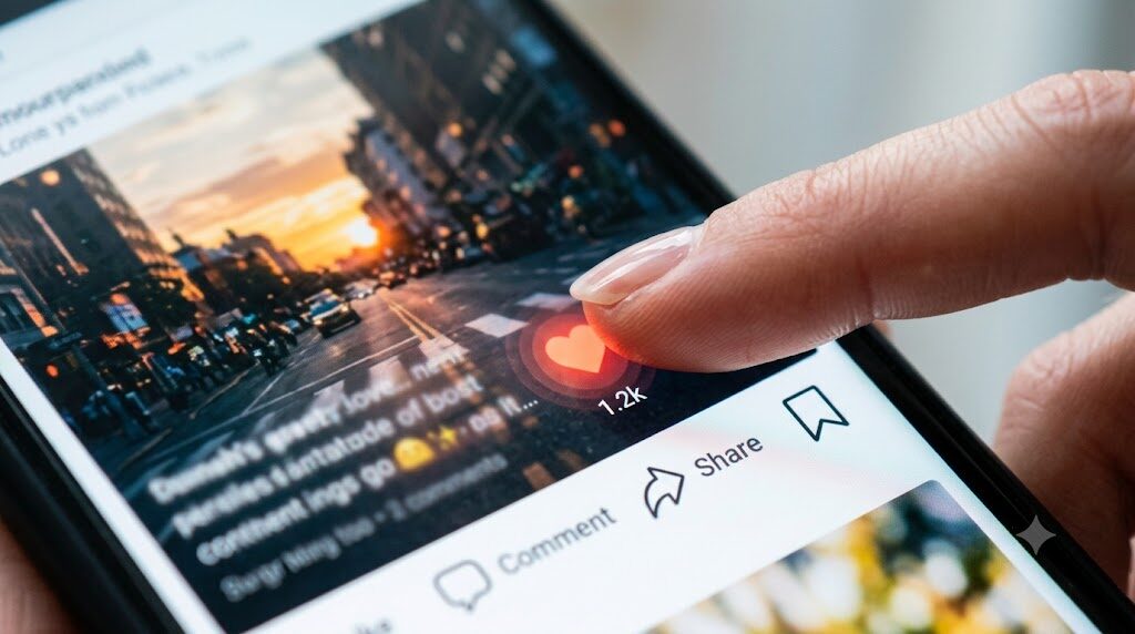 スマートフォン画面のいいね・ブックマークアイコンをクローズアップで捉えた写真風イラスト