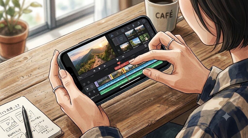 スマートフォンで動画編集画面を操作している手元を斜め上から見た構図の写真風イラスト