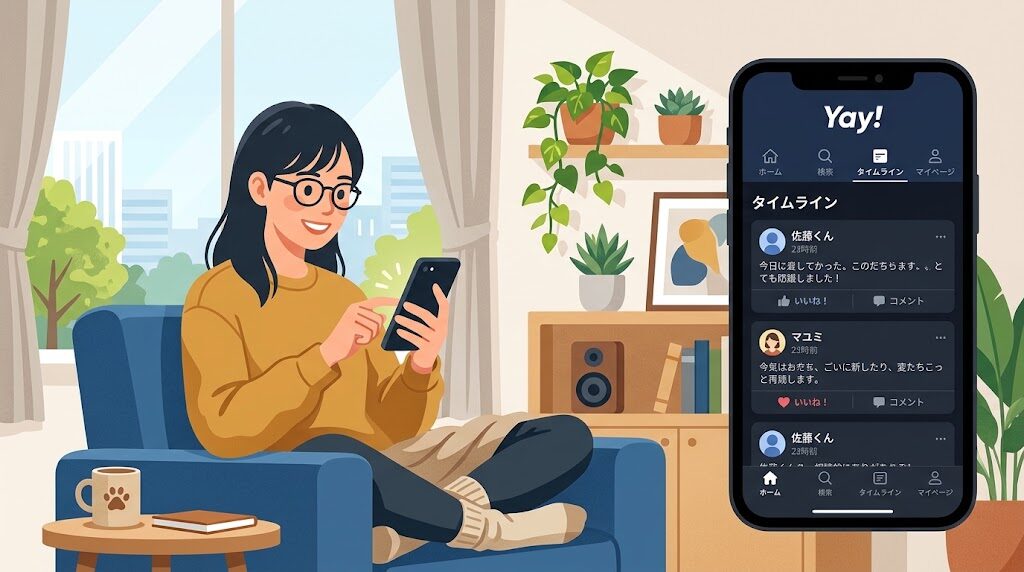 スマホでYay!アプリを操作している様子の写真風イラスト