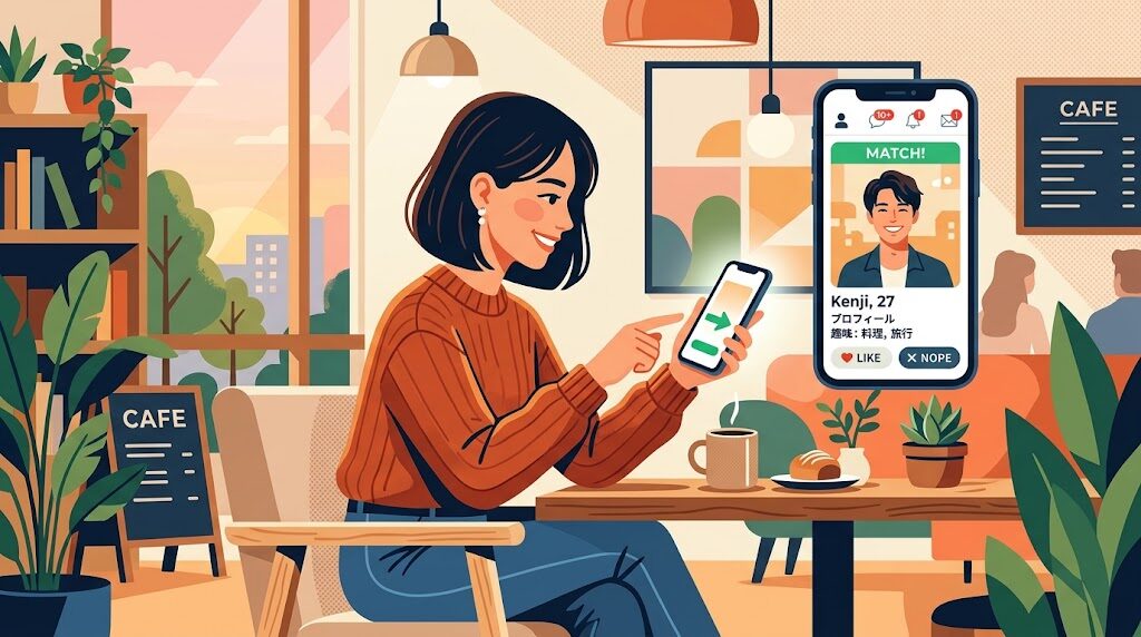 スマホでマッチングアプリを操作している様子のイラスト