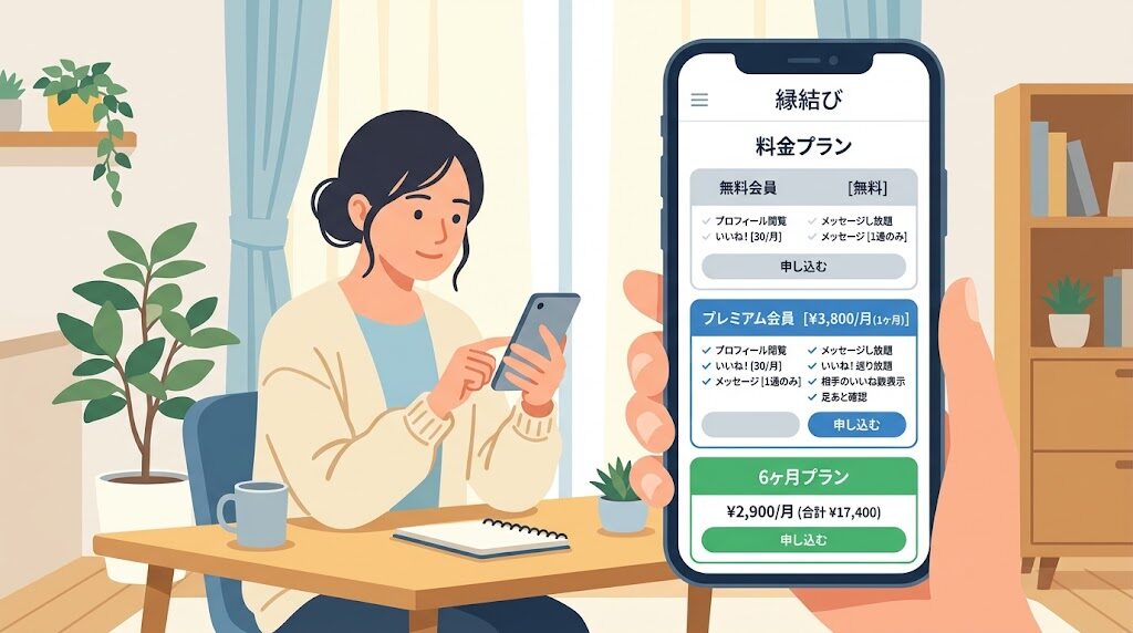スマホでマッチングアプリの料金プランを確認している様子のイラスト