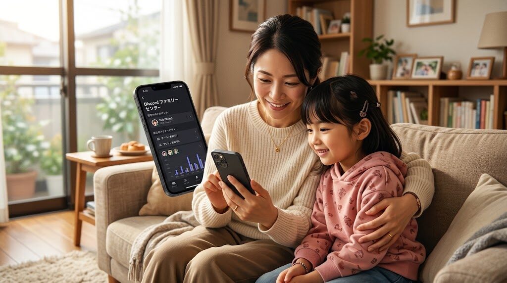 親子でスマートフォンのDiscordファミリーセンター画面を一緒に確認している様子